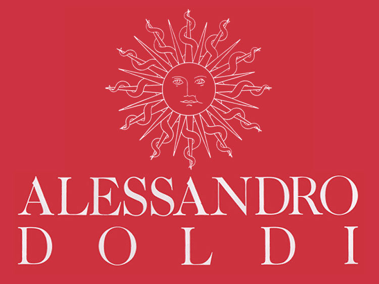 Il marchio Alessandro Doldi: un sole inciso e il nome in caratteri classici, bianco su rosso